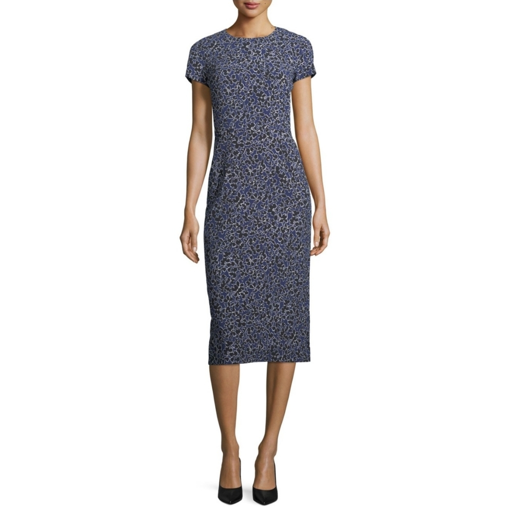 Michael Kors Collection | Floral Print Cap Sleeve Stretch-Cady Midi Sheath Dress